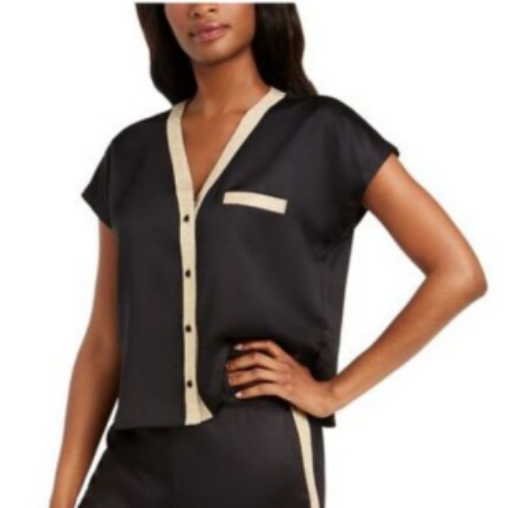 INC Satin Pajama Set in Black with Gold Metallic Trim, Sz XL NWT - Picture 3 of 7